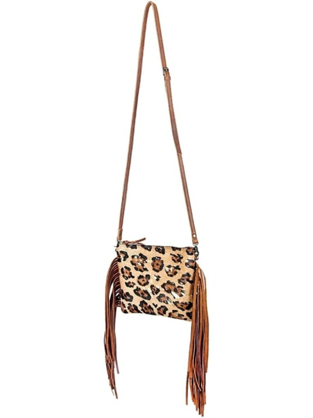 Stylish Genuine Leather Crossbody Bag - Hair-On Cowhide, Long Fringe, Adjustable